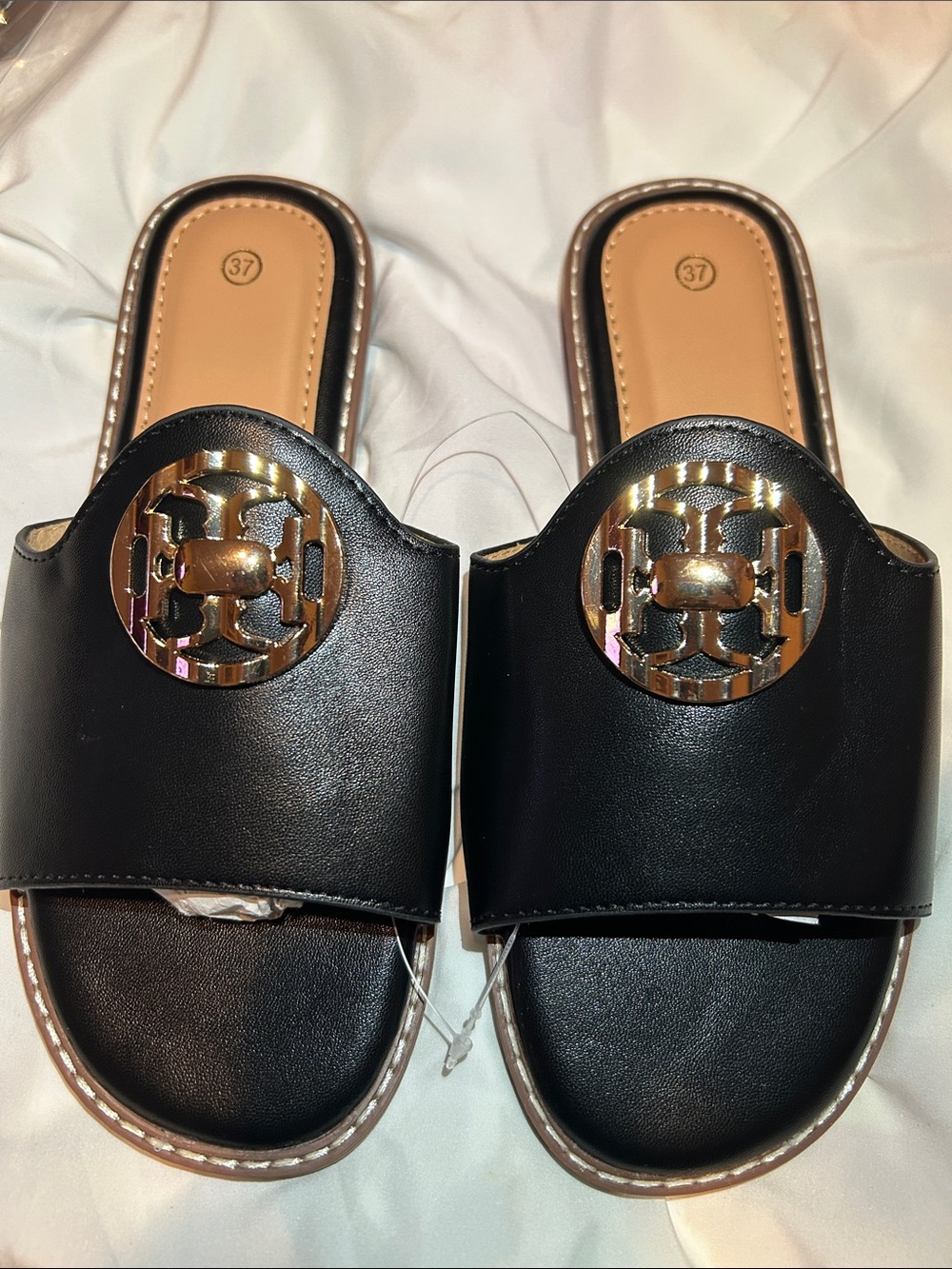 Black Slide Mules with Gold Accent